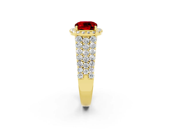 Yellow gold Cushion Cut Halo Pavé Diamond Engagement Ring with Split Shank and Four-Prong Setting