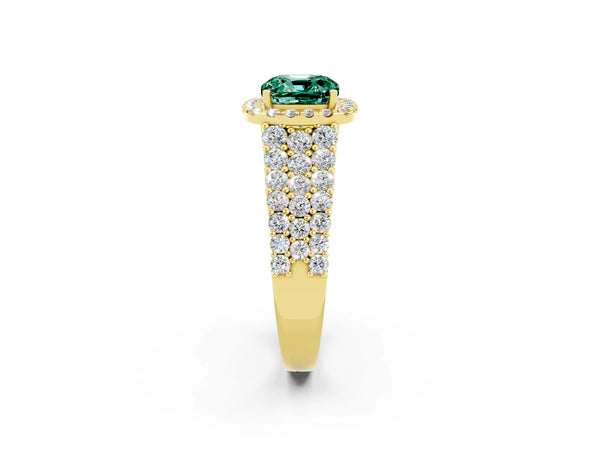 Yellow gold Cushion Cut Green Sapphire Halo Engagement Ring with Triple Row Round Pavé Band and Prong Setting