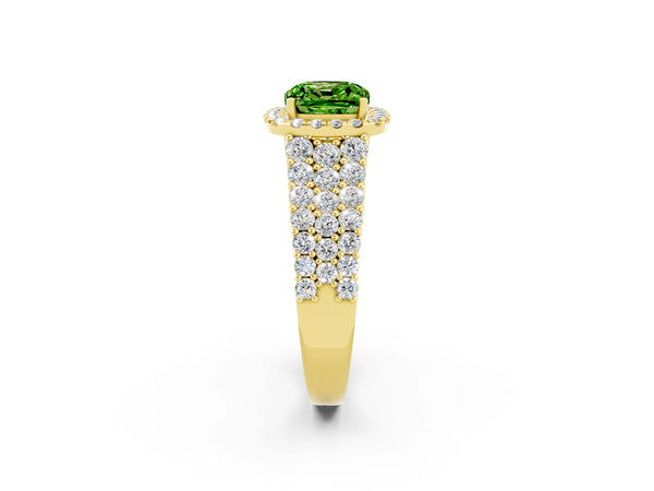 Yellow gold Cushion Cut Halo Pavé Diamond Engagement Ring with Split Shank and Four-Prong Setting