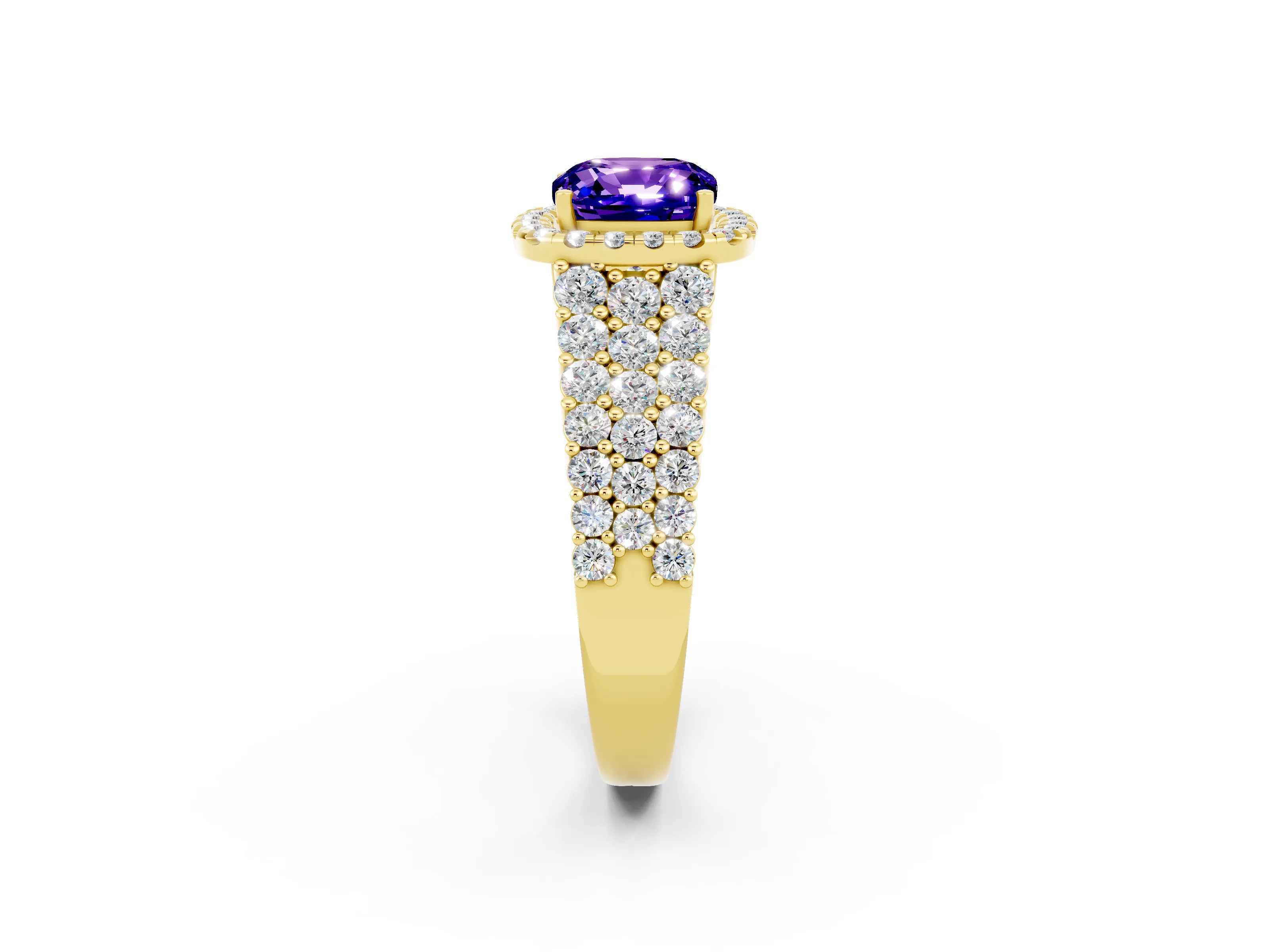 Yellow gold Cushion Cut Halo Pavé Diamond Engagement Ring with Split Shank and Four-Prong Setting_2