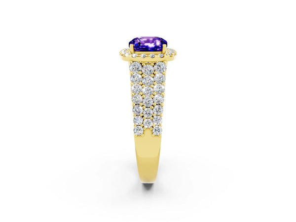 Yellow gold Cushion Cut Tanzanite Halo Engagement Ring with Triple Row Round Pavé Band and Prong Setting
