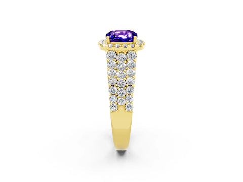 Yellow gold Cushion Cut Halo Pavé Diamond Engagement Ring with Split Shank and Four-Prong Setting_2