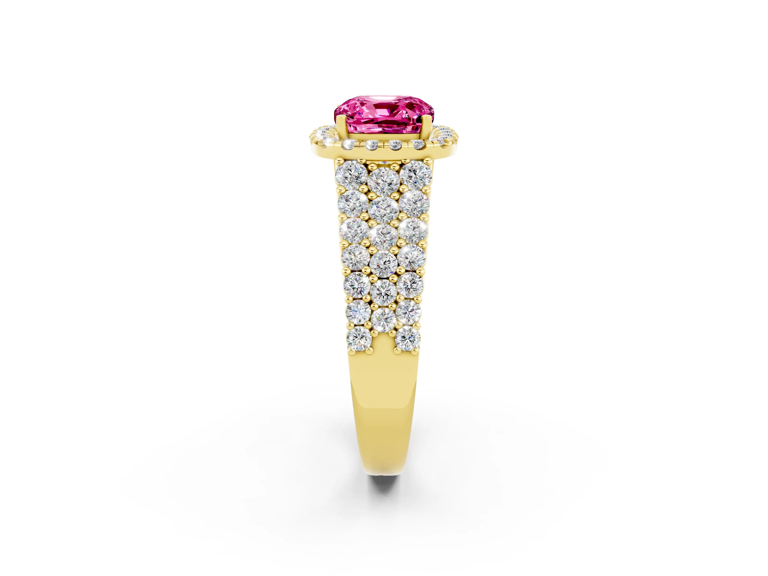 Yellow gold Cushion Cut Halo Pavé Diamond Engagement Ring with Split Shank and Four-Prong Setting_2