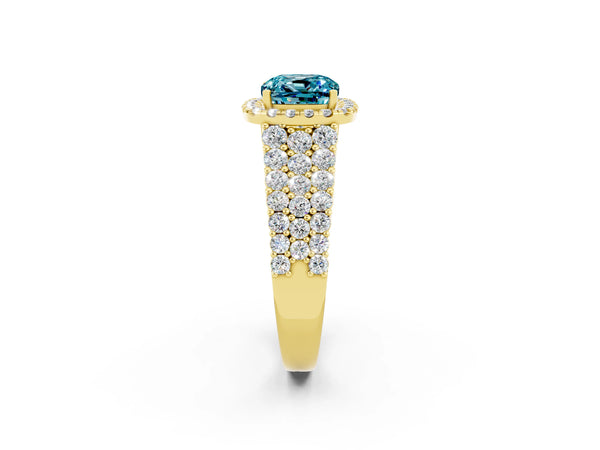 Yellow gold Cushion Cut Halo Pavé Diamond Engagement Ring with Split Shank and Four-Prong Setting
