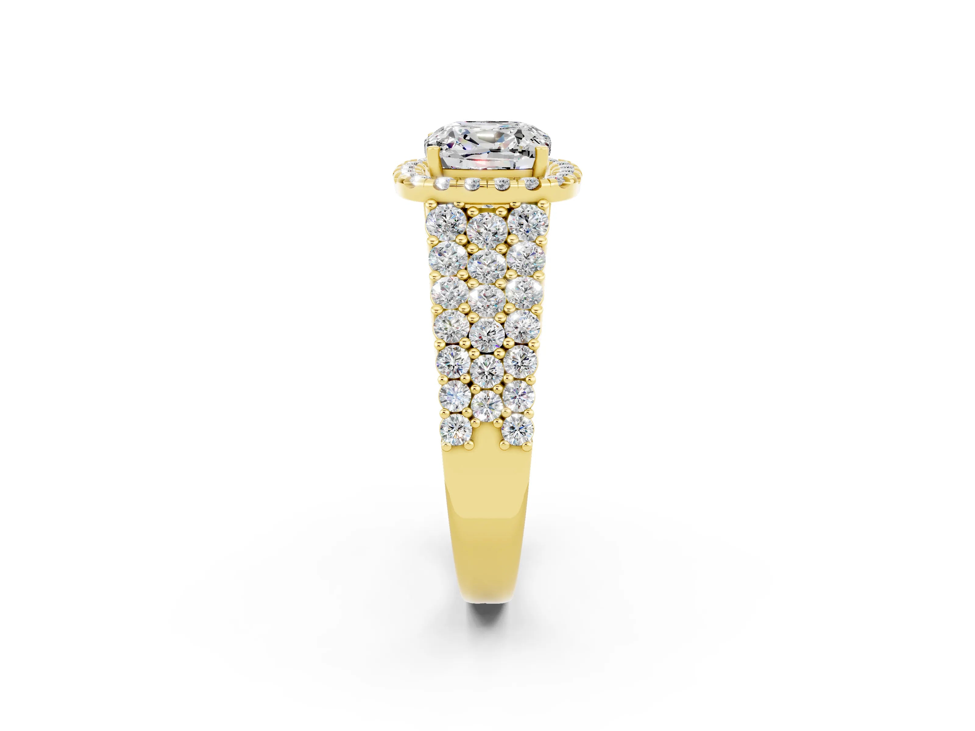 Yellow gold Cushion Cut Halo Pavé Diamond Engagement Ring with Split Shank and Four-Prong Setting_2