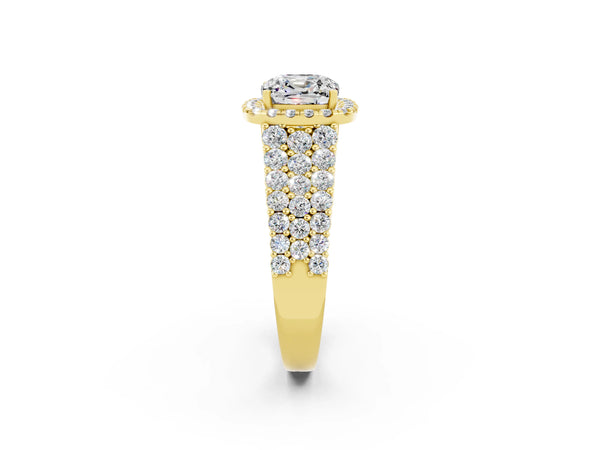 Yellow gold Cushion Cut Moissanite Halo Engagement Ring with Triple Row Round Pavé Band and Prong Setting