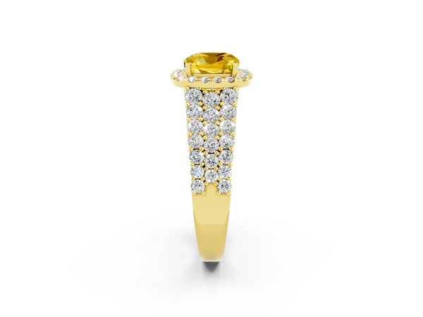 Yellow gold Cushion Cut Yellow Sapphire Halo Engagement Ring with Triple Row Round Pavé Band and Prong Setting