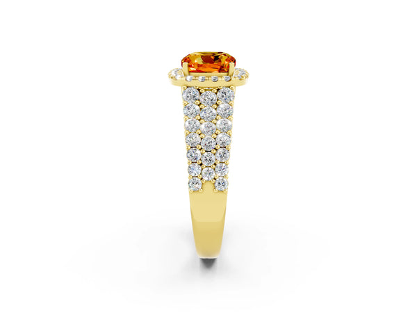 Yellow gold Cushion Cut Citrine Halo Engagement Ring with Triple Row Round Pavé Band and Prong Setting