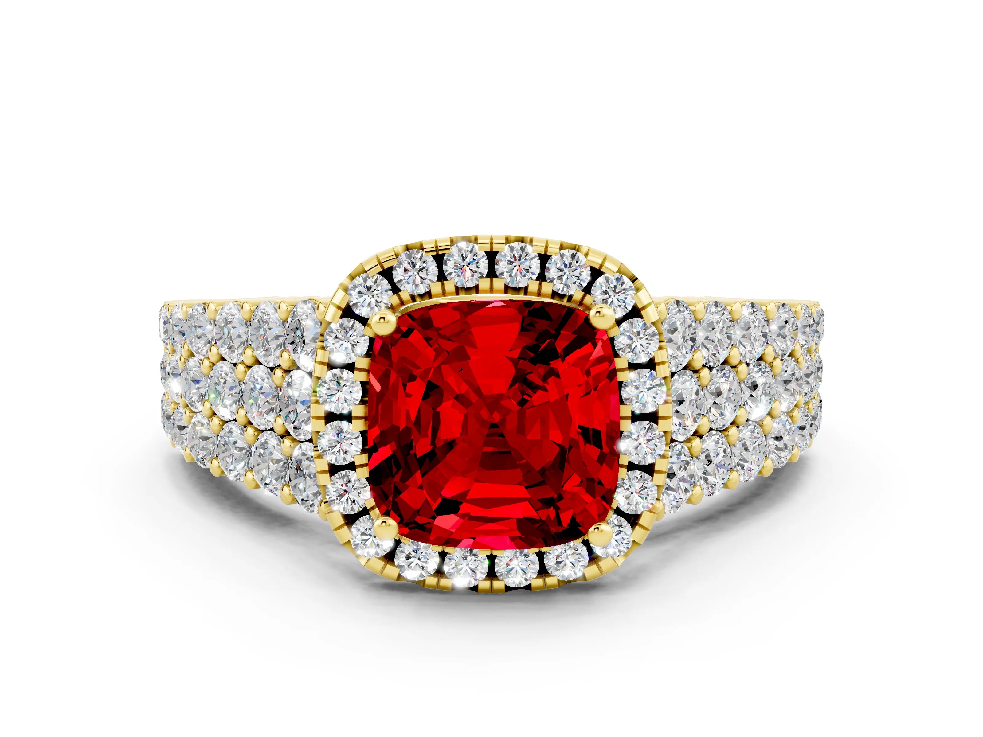 Yellow gold Cushion Cut Halo Pavé Diamond Engagement Ring with Split Shank and Four-Prong Setting