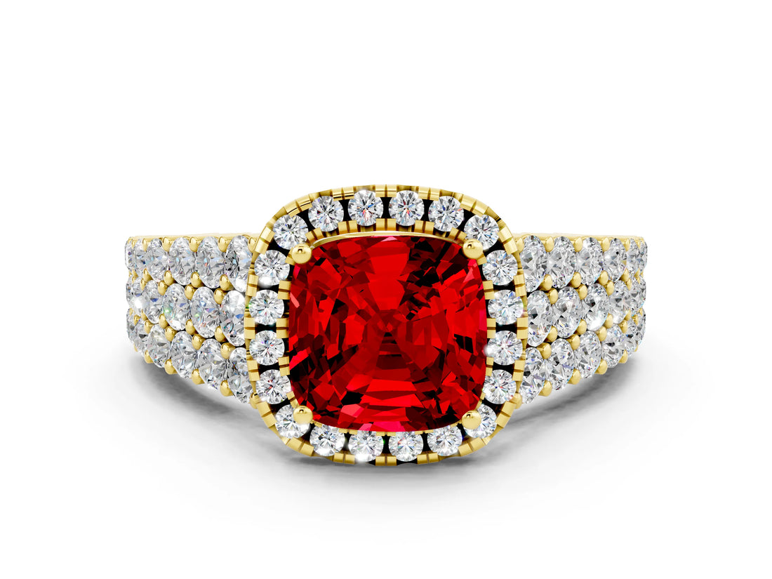 Yellow gold Cushion Cut Halo Pavé Diamond Engagement Ring with Split Shank and Four-Prong Setting