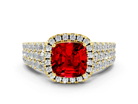 Yellow gold Cushion Cut Halo Pavé Diamond Engagement Ring with Split Shank and Four-Prong Setting