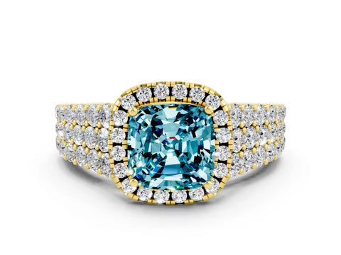 Yellow gold Cushion Cut Halo Pavé Diamond Engagement Ring with Split Shank and Four-Prong Setting