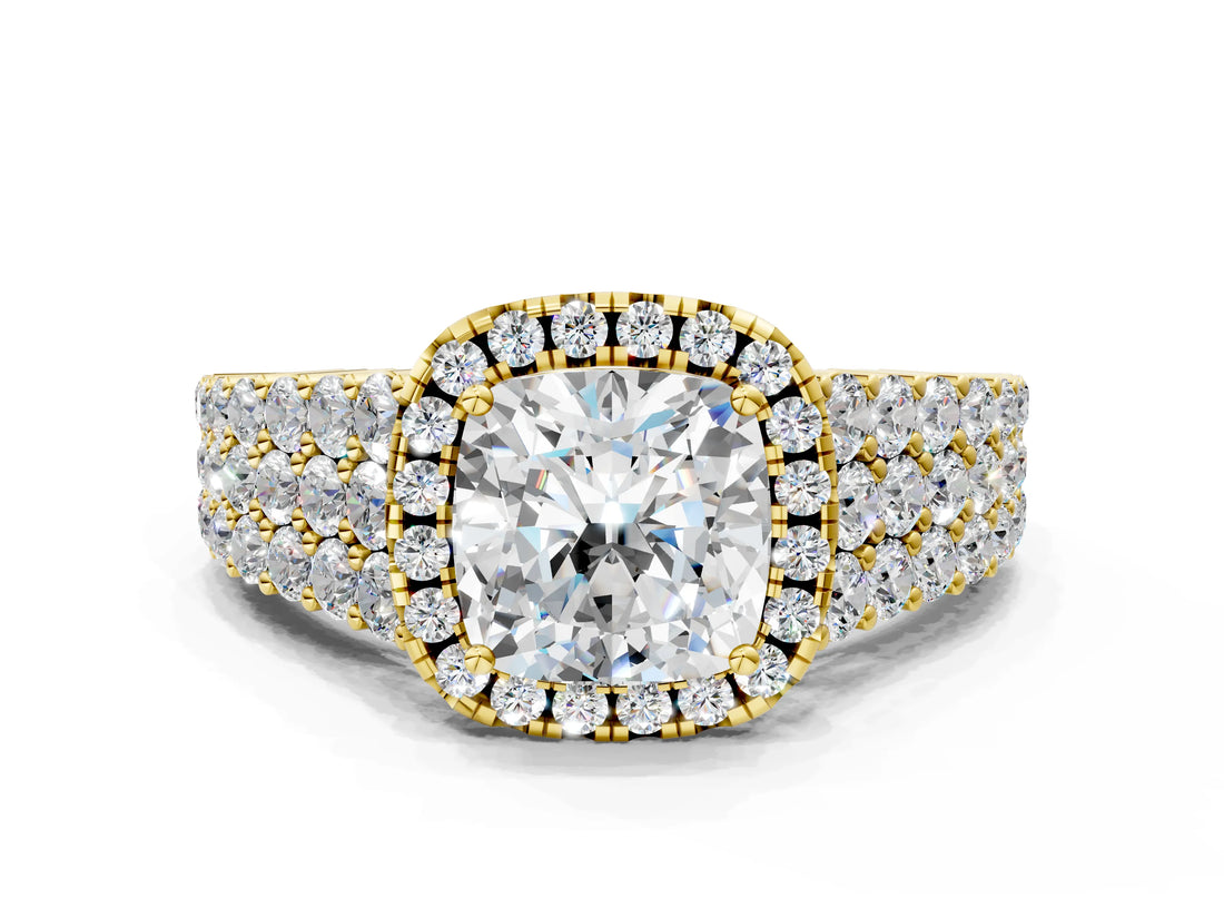 Yellow gold Cushion Cut Halo Pavé Diamond Engagement Ring with Split Shank and Four-Prong Setting_3