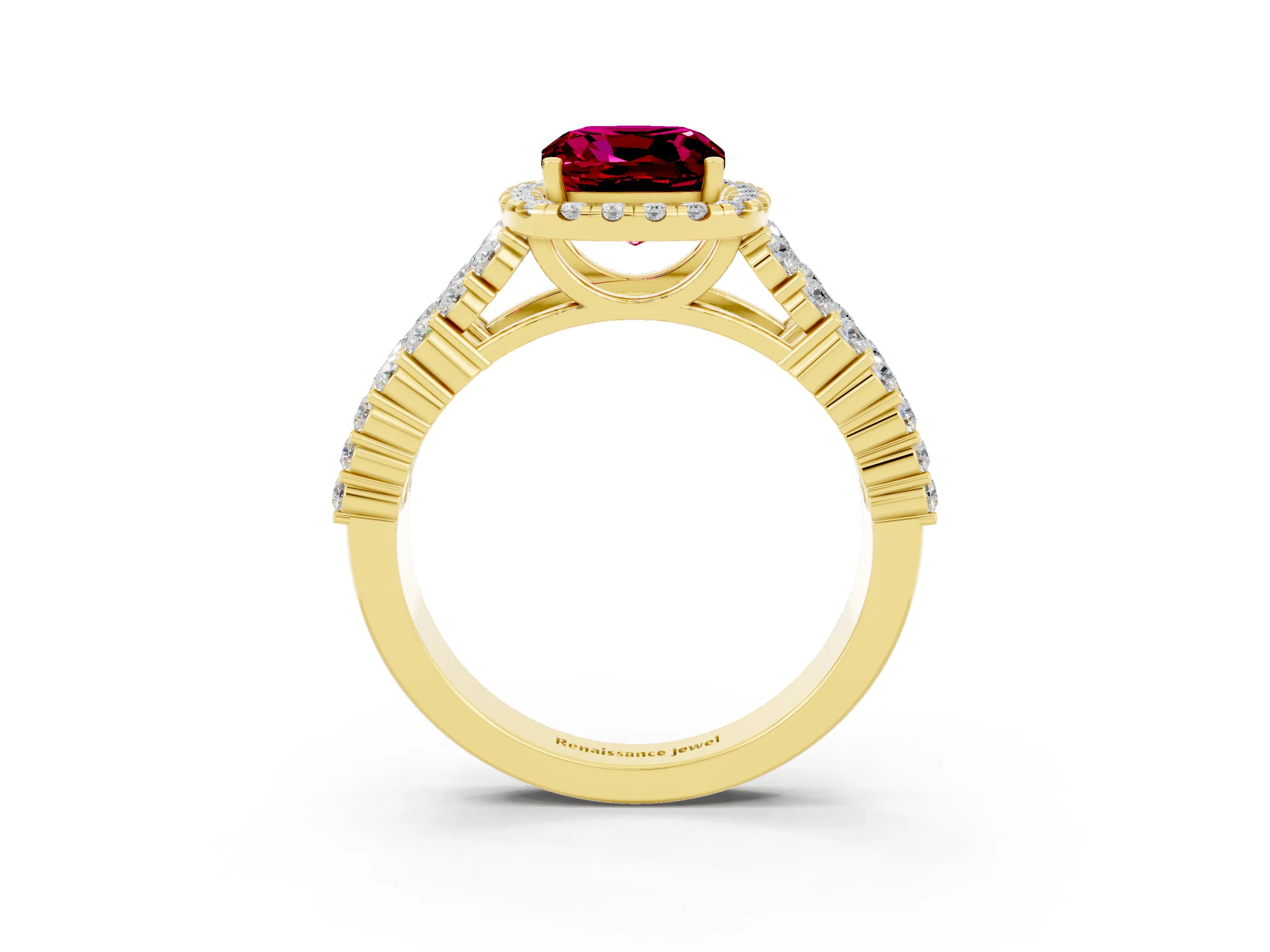 Yellow gold Cushion Cut Halo Pavé Diamond Engagement Ring with Split Shank and Four-Prong Setting_3