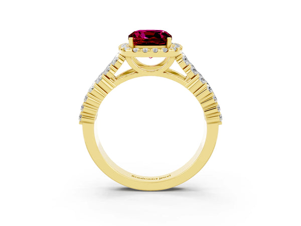 Yellow gold Cushion Cut Garnet Halo Engagement Ring with Triple Row Round Pavé Band and Prong Setting