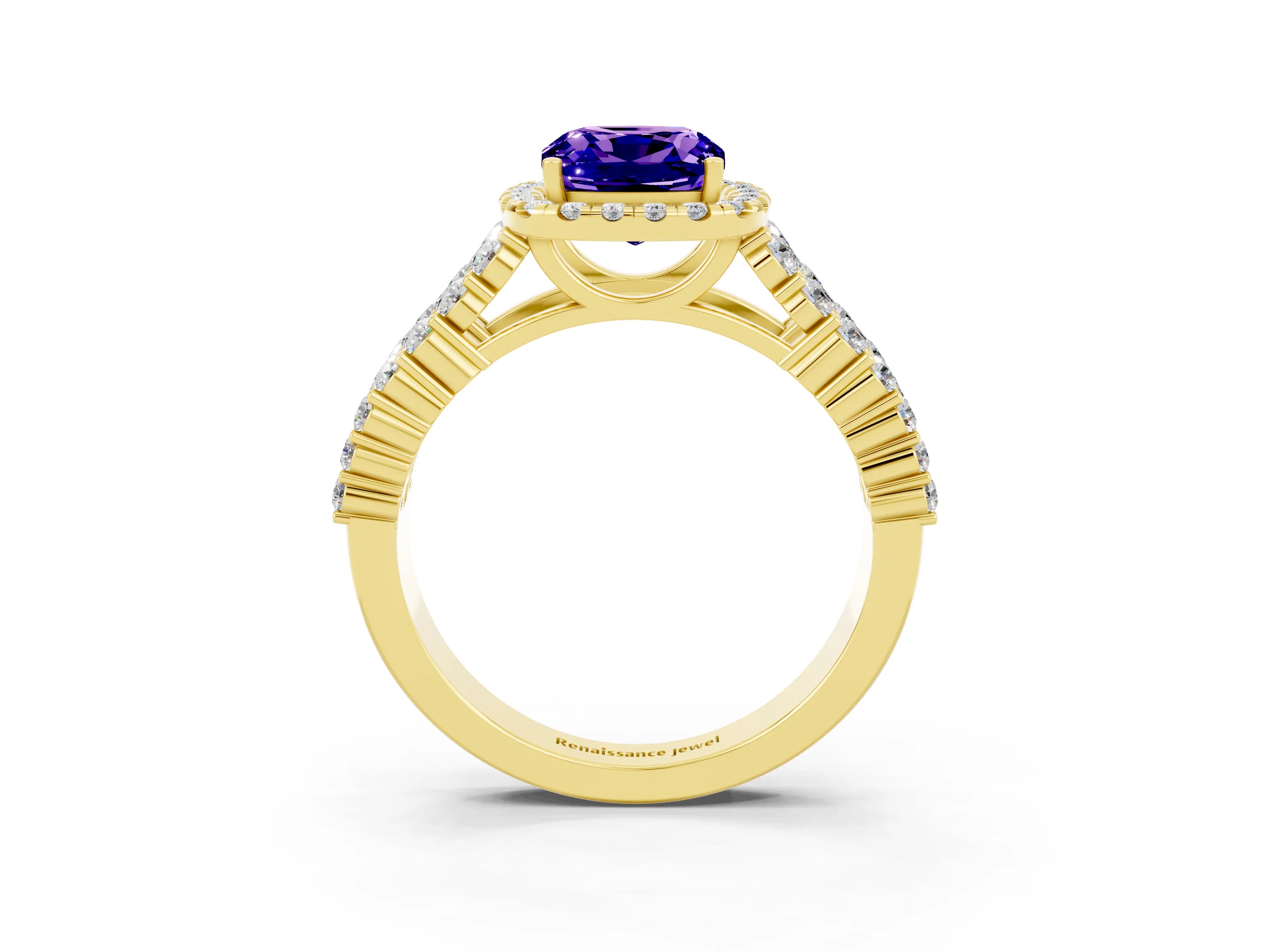 Yellow gold Cushion Cut Halo Pavé Diamond Engagement Ring with Split Shank and Four-Prong Setting_3
