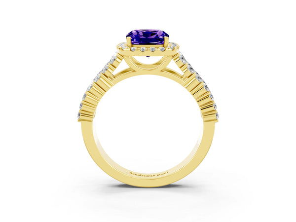 Yellow gold Cushion Cut Tanzanite Halo Engagement Ring with Triple Row Round Pavé Band and Prong Setting