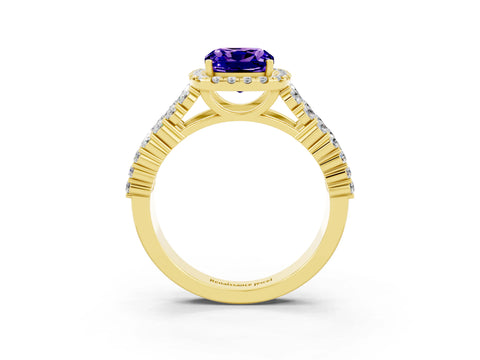 Yellow gold Cushion Cut Halo Pavé Diamond Engagement Ring with Split Shank and Four-Prong Setting_3