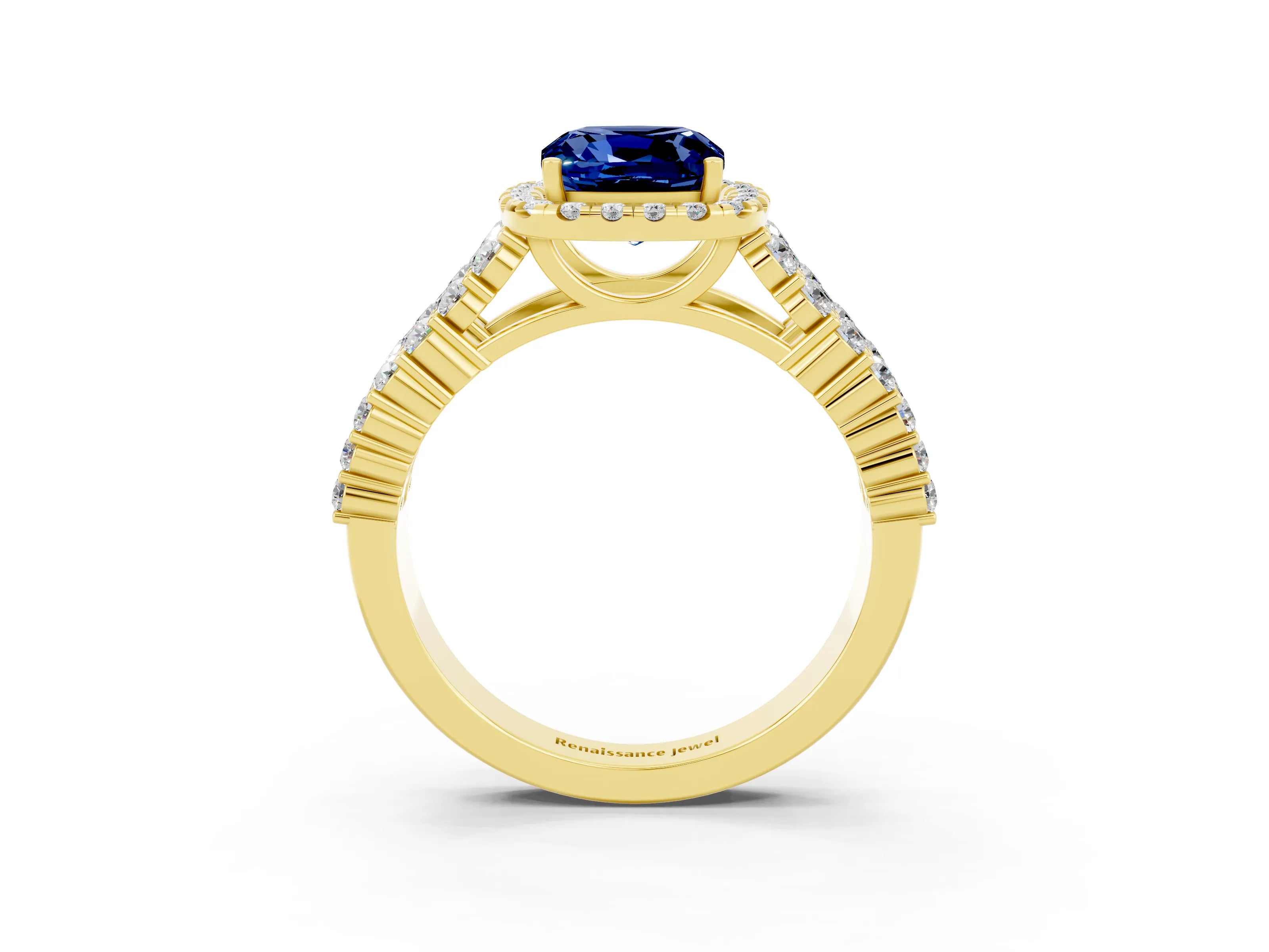 Yellow gold Cushion Cut Halo Pavé Diamond Engagement Ring with Split Shank and Four-Prong Setting_3