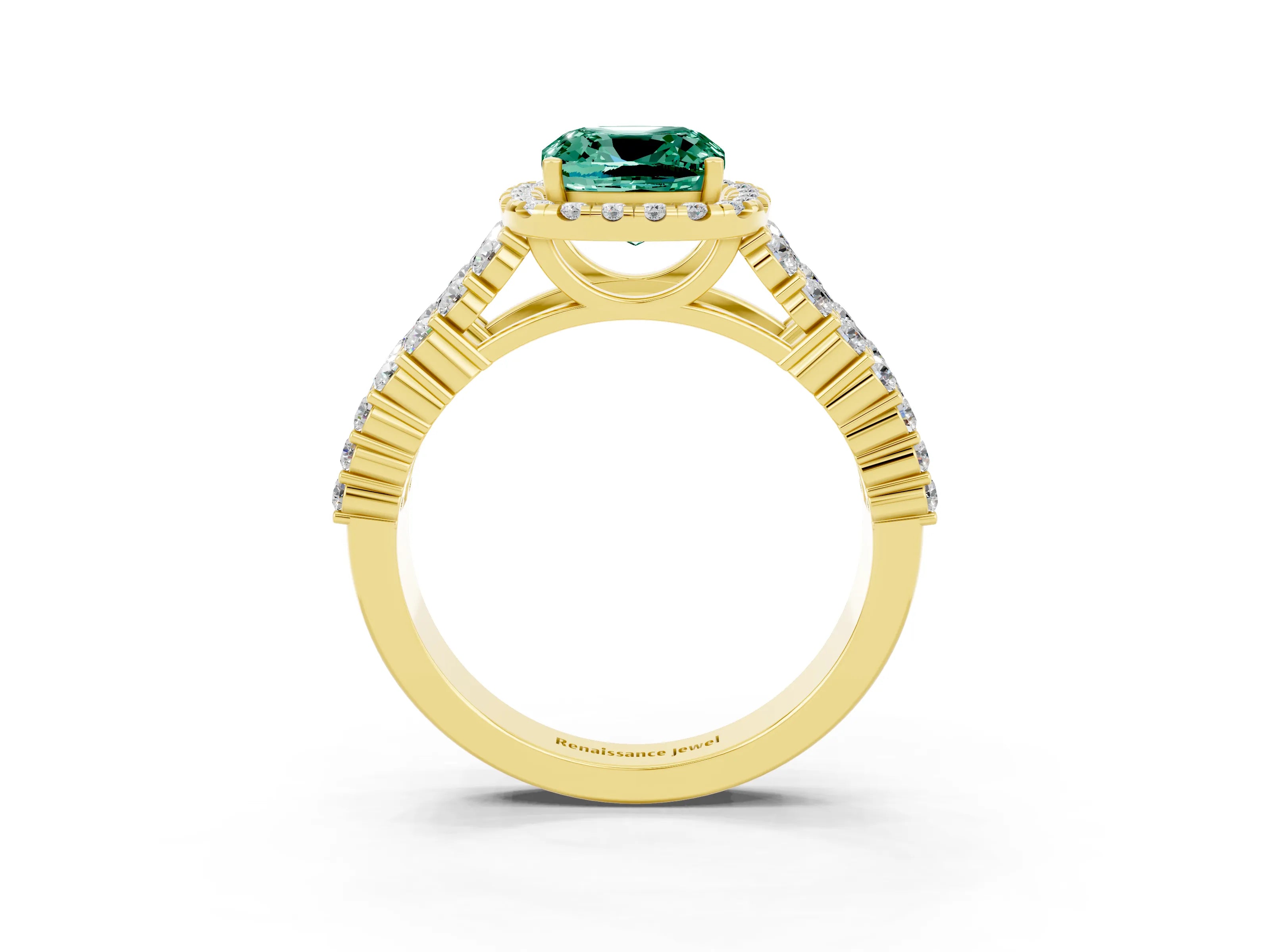 Yellow gold Cushion Cut Halo Pavé Diamond Engagement Ring with Split Shank and Four-Prong Setting_3