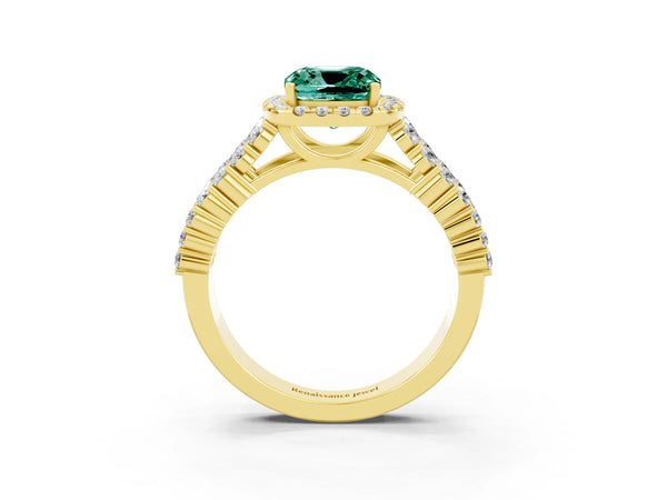 Yellow gold Cushion Cut Green Sapphire Halo Engagement Ring with Triple Row Round Pavé Band and Prong Setting
