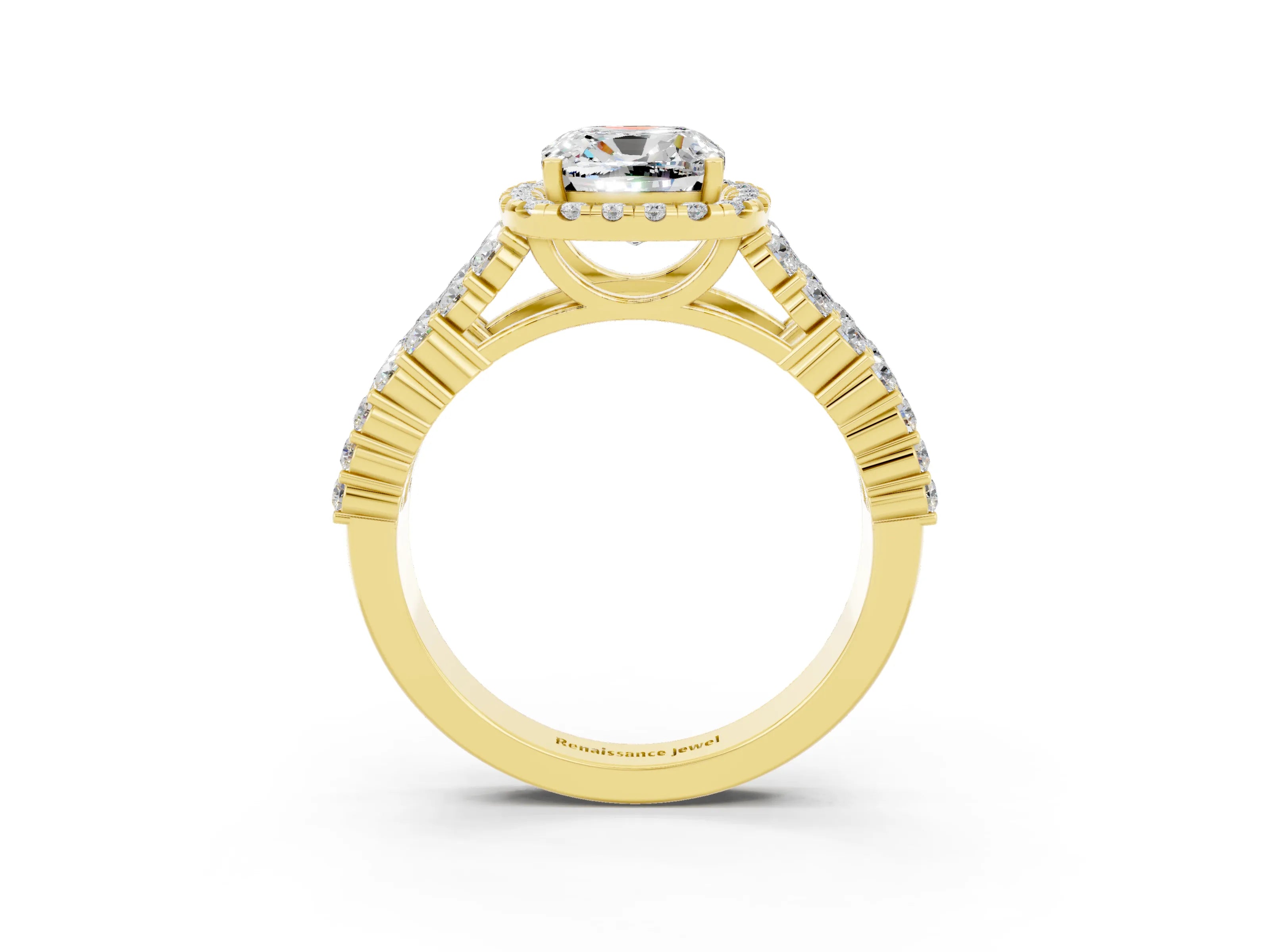 Yellow gold Cushion Cut Halo Pavé Diamond Engagement Ring with Split Shank and Four-Prong Setting_3