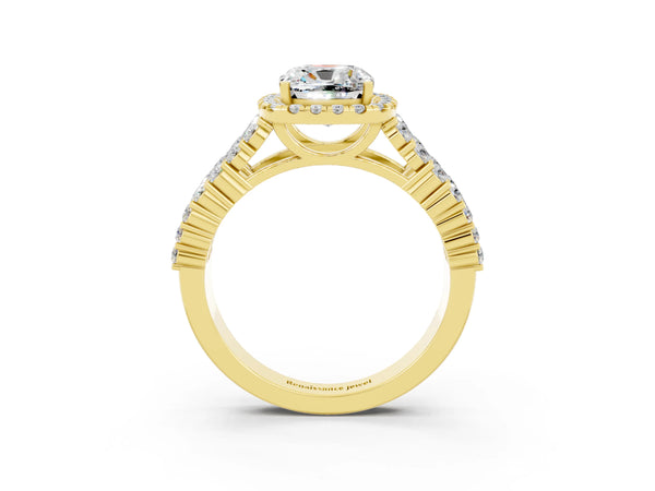 Yellow gold Cushion Cut Moissanite Halo Engagement Ring with Triple Row Round Pavé Band and Prong Setting