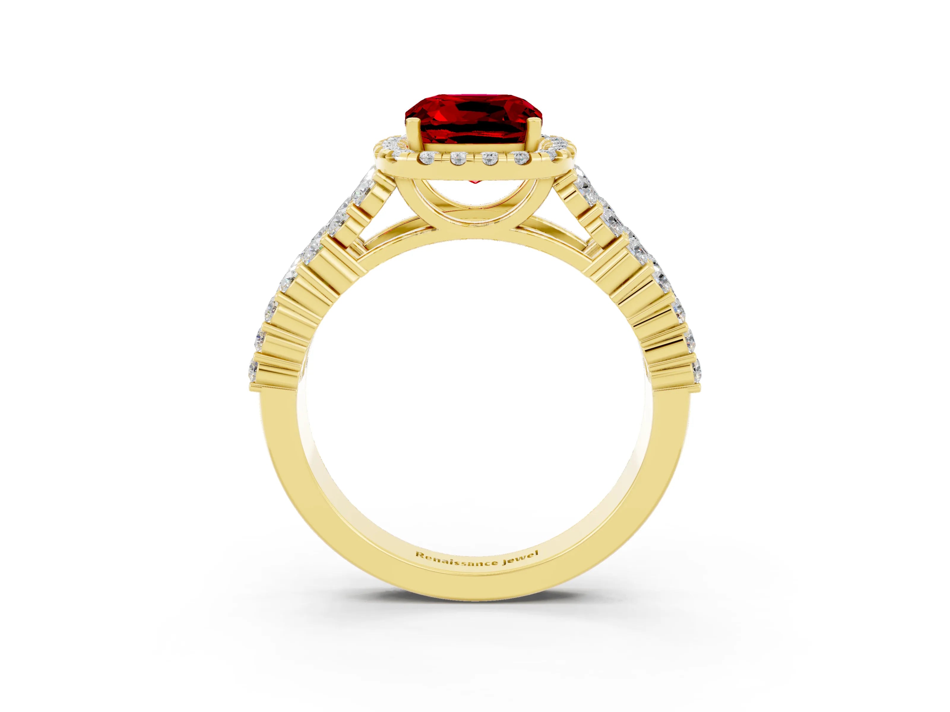 Yellow gold Cushion Cut Halo Pavé Diamond Engagement Ring with Split Shank and Four-Prong Setting_3