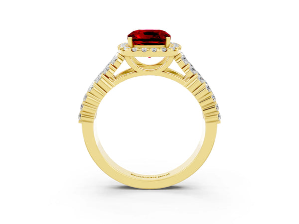 Yellow gold Cushion Cut Halo Pavé Diamond Engagement Ring with Split Shank and Four-Prong Setting