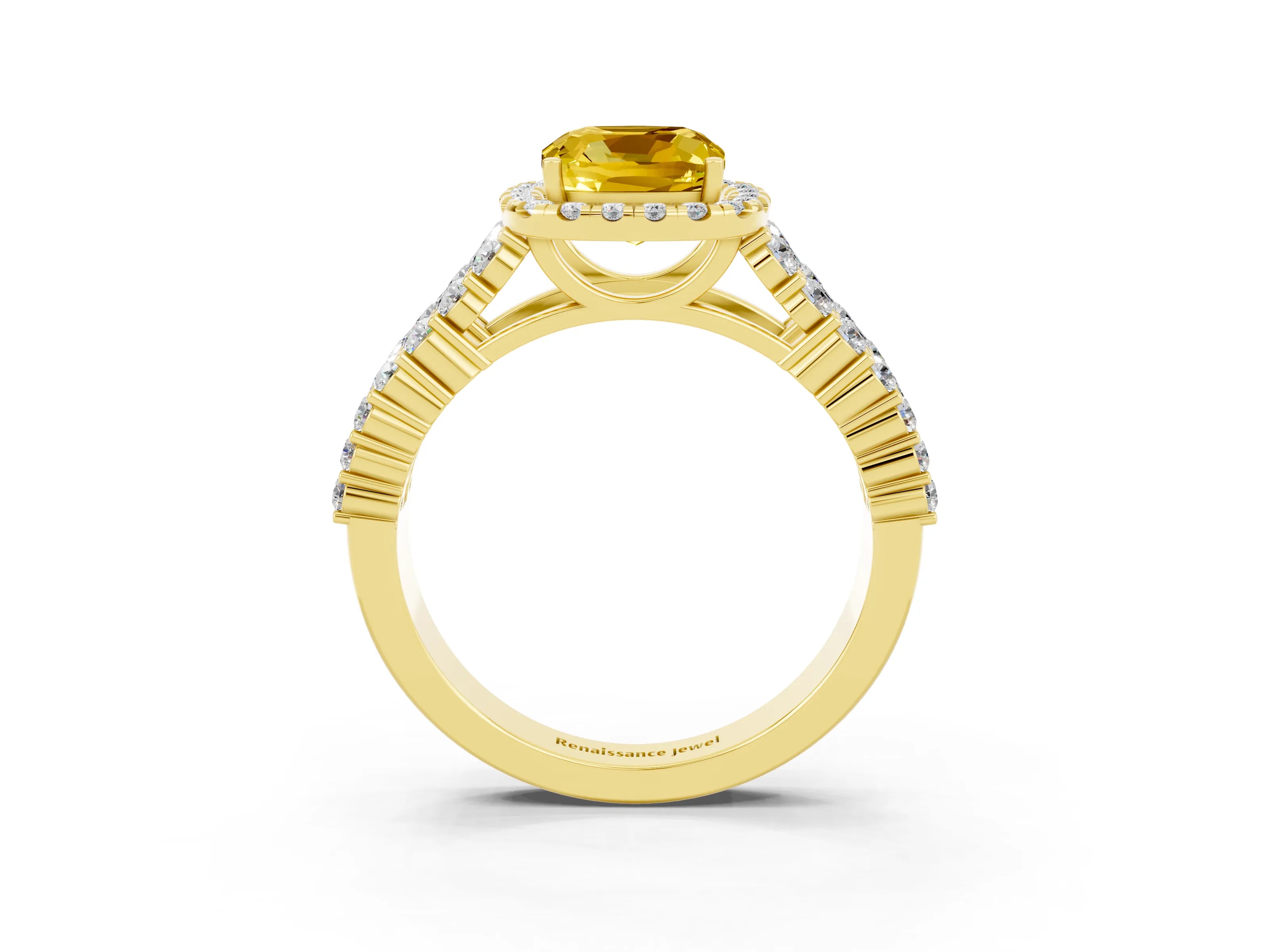 Yellow gold Cushion Cut Halo Pavé Diamond Engagement Ring with Split Shank and Four-Prong Setting_3
