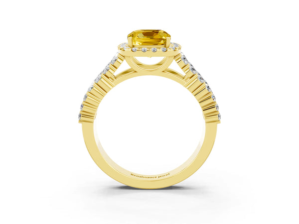 Yellow gold Cushion Cut Yellow Sapphire Halo Engagement Ring with Triple Row Round Pavé Band and Prong Setting