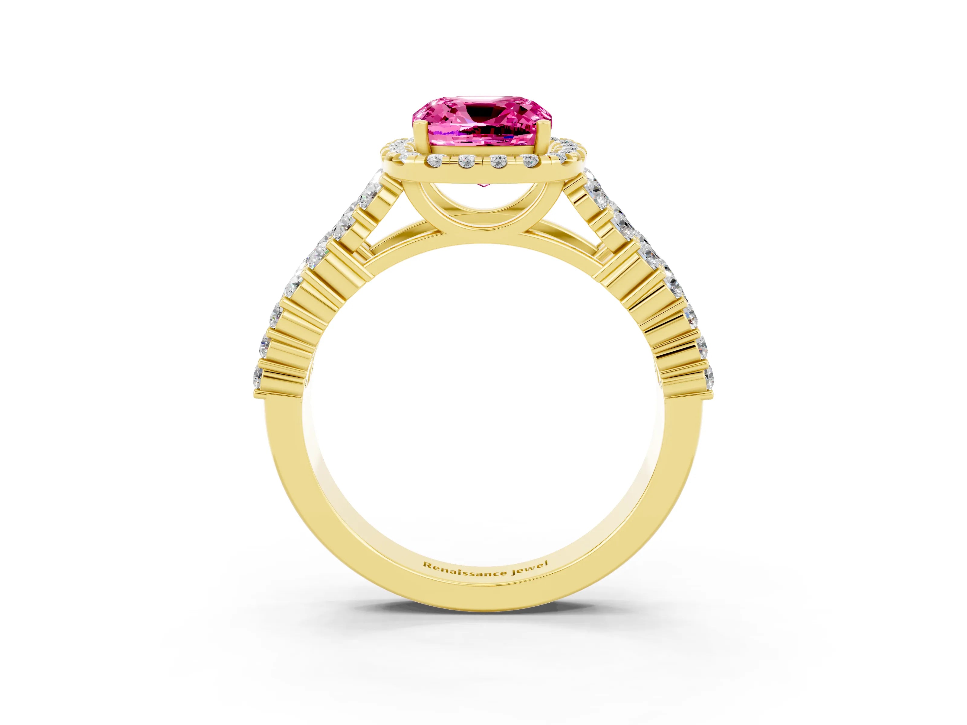 Yellow gold Cushion Cut Halo Pavé Diamond Engagement Ring with Split Shank and Four-Prong Setting_3