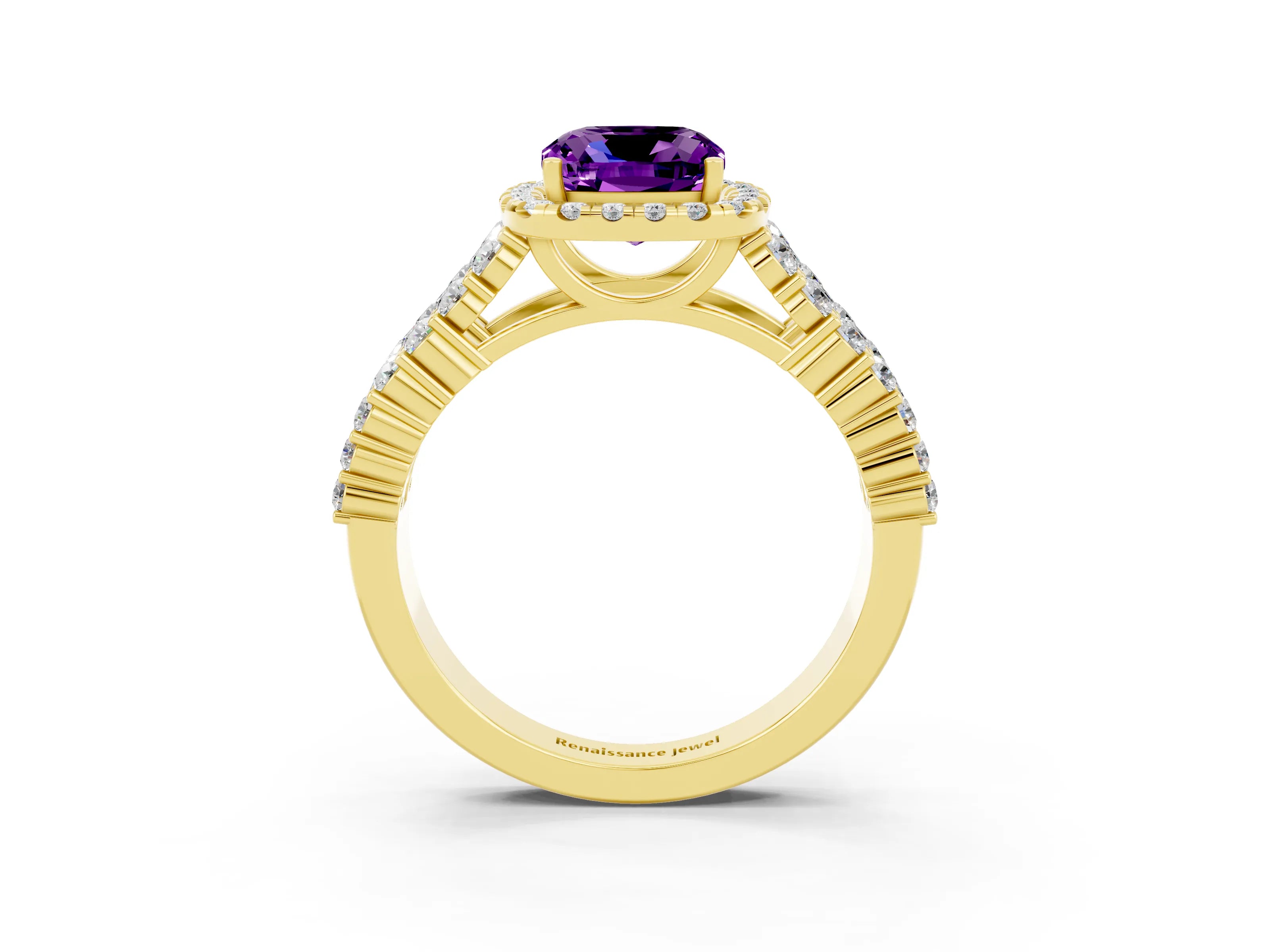 Yellow gold Cushion Cut Halo Pavé Diamond Engagement Ring with Split Shank and Four-Prong Setting_3