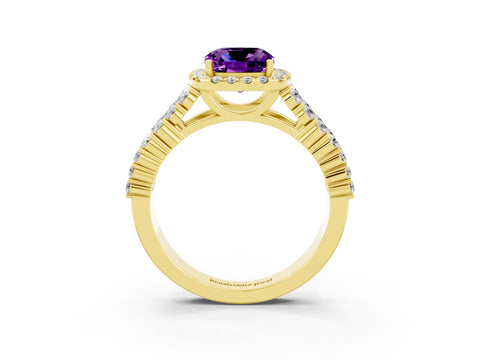 Yellow gold Cushion Cut Halo Pavé Diamond Engagement Ring with Split Shank and Four-Prong Setting_3