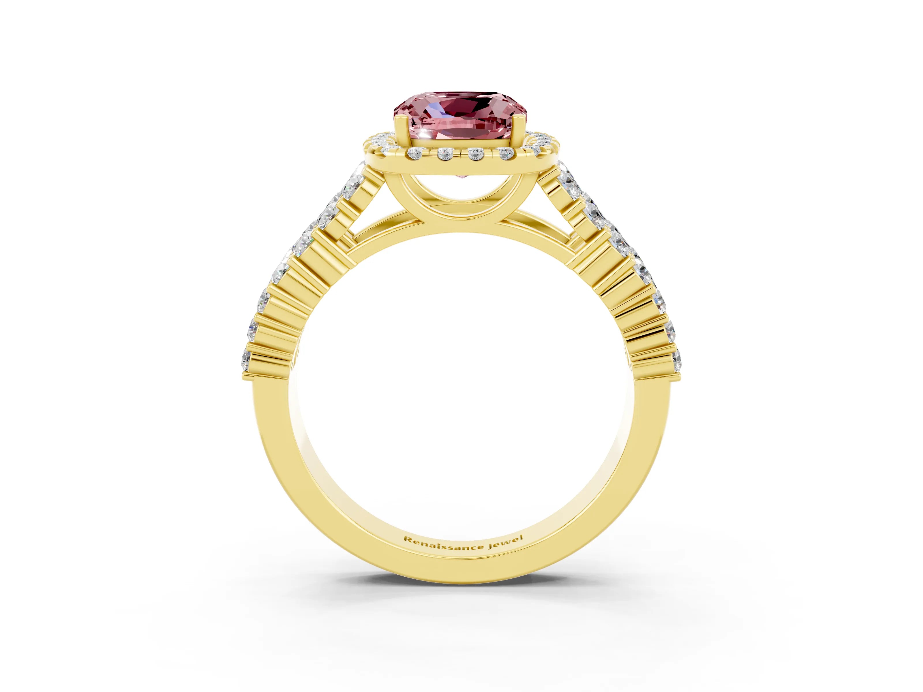 Yellow gold Cushion Cut Halo Pavé Diamond Engagement Ring with Split Shank and Four-Prong Setting_3