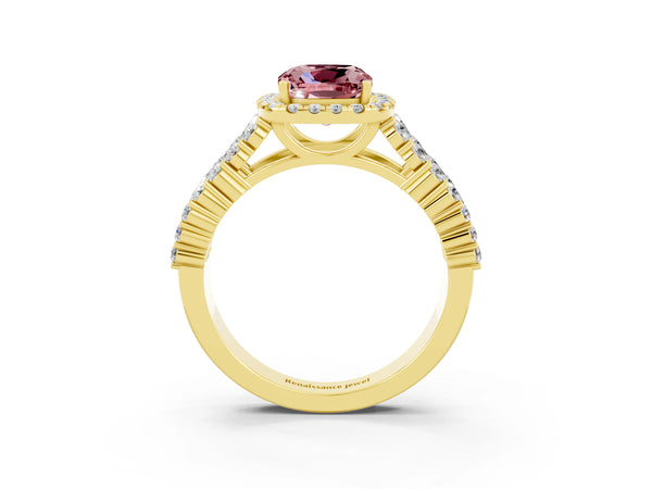 Yellow gold Cushion Cut Halo Pavé Diamond Engagement Ring with Split Shank and Four-Prong Setting