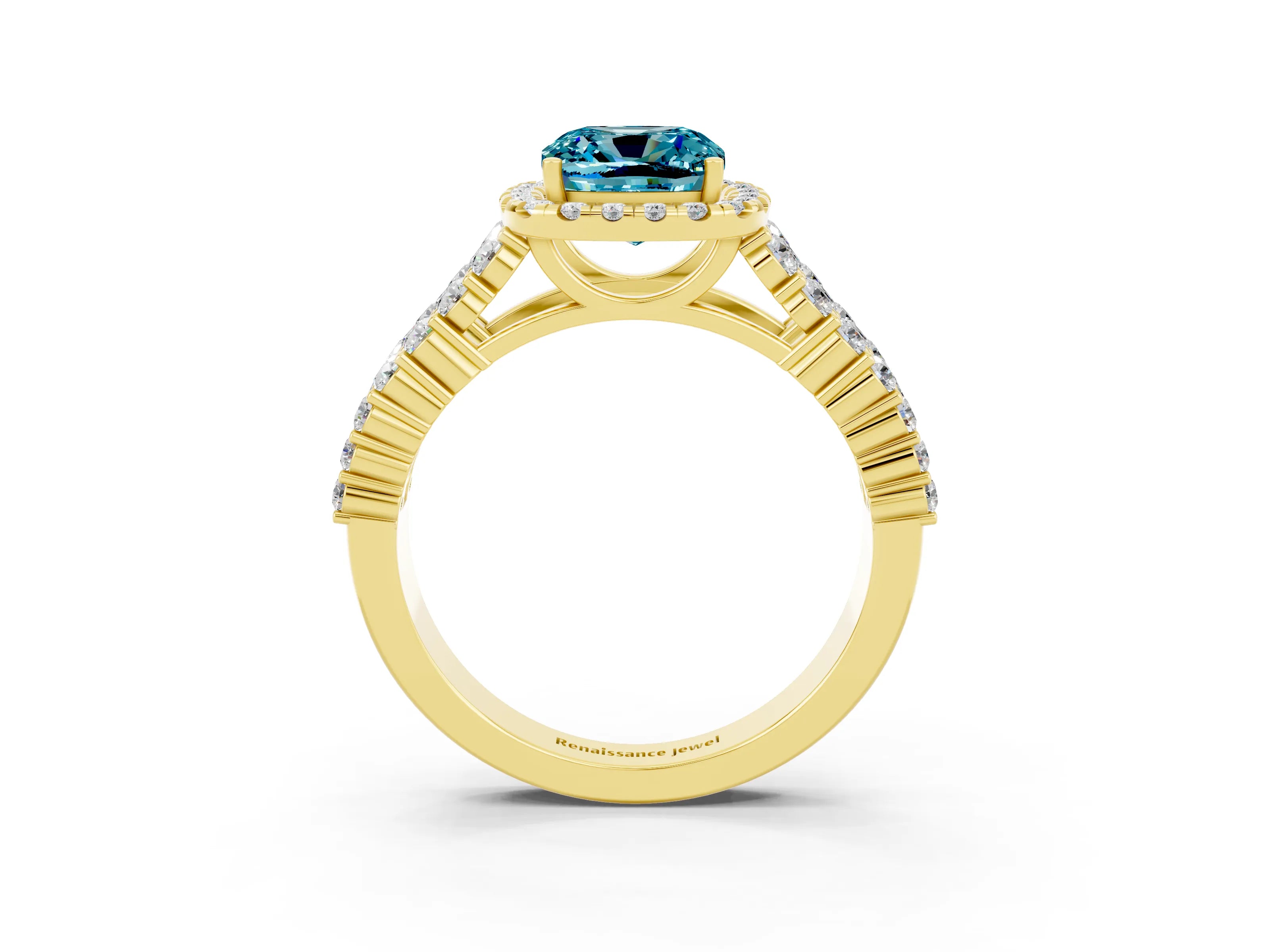 Yellow gold Cushion Cut Halo Pavé Diamond Engagement Ring with Split Shank and Four-Prong Setting_3