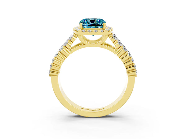 Yellow gold Cushion Cut Halo Pavé Diamond Engagement Ring with Split Shank and Four-Prong Setting