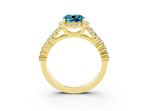 Yellow gold Cushion Cut Halo Pavé Diamond Engagement Ring with Split Shank and Four-Prong Setting_3