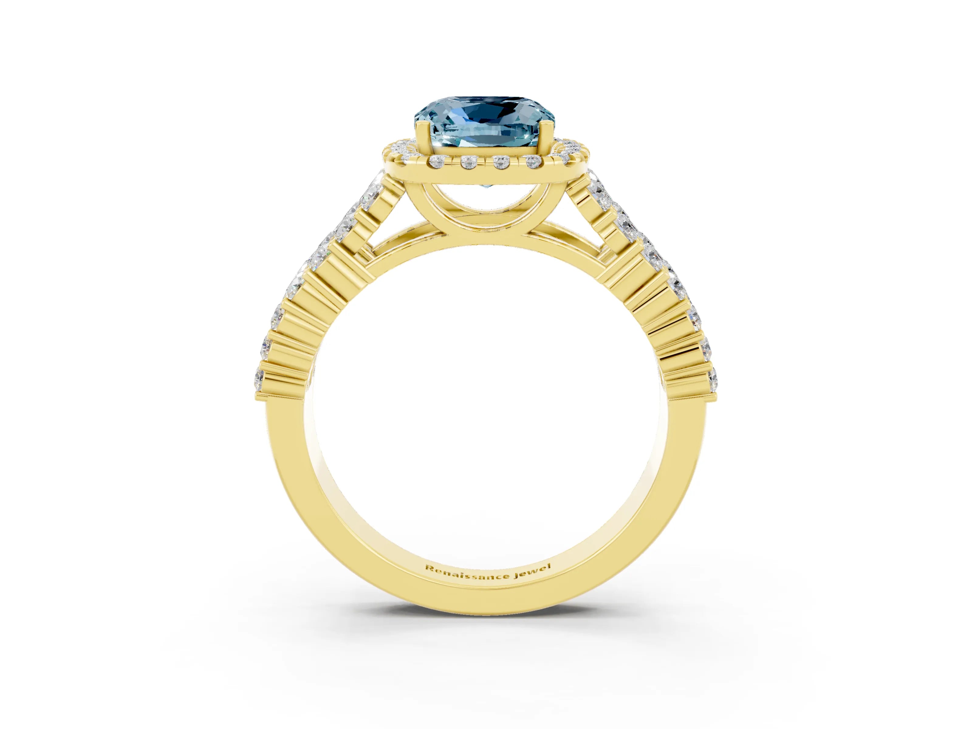 Yellow gold Cushion Cut Halo Pavé Diamond Engagement Ring with Split Shank and Four-Prong Setting_3