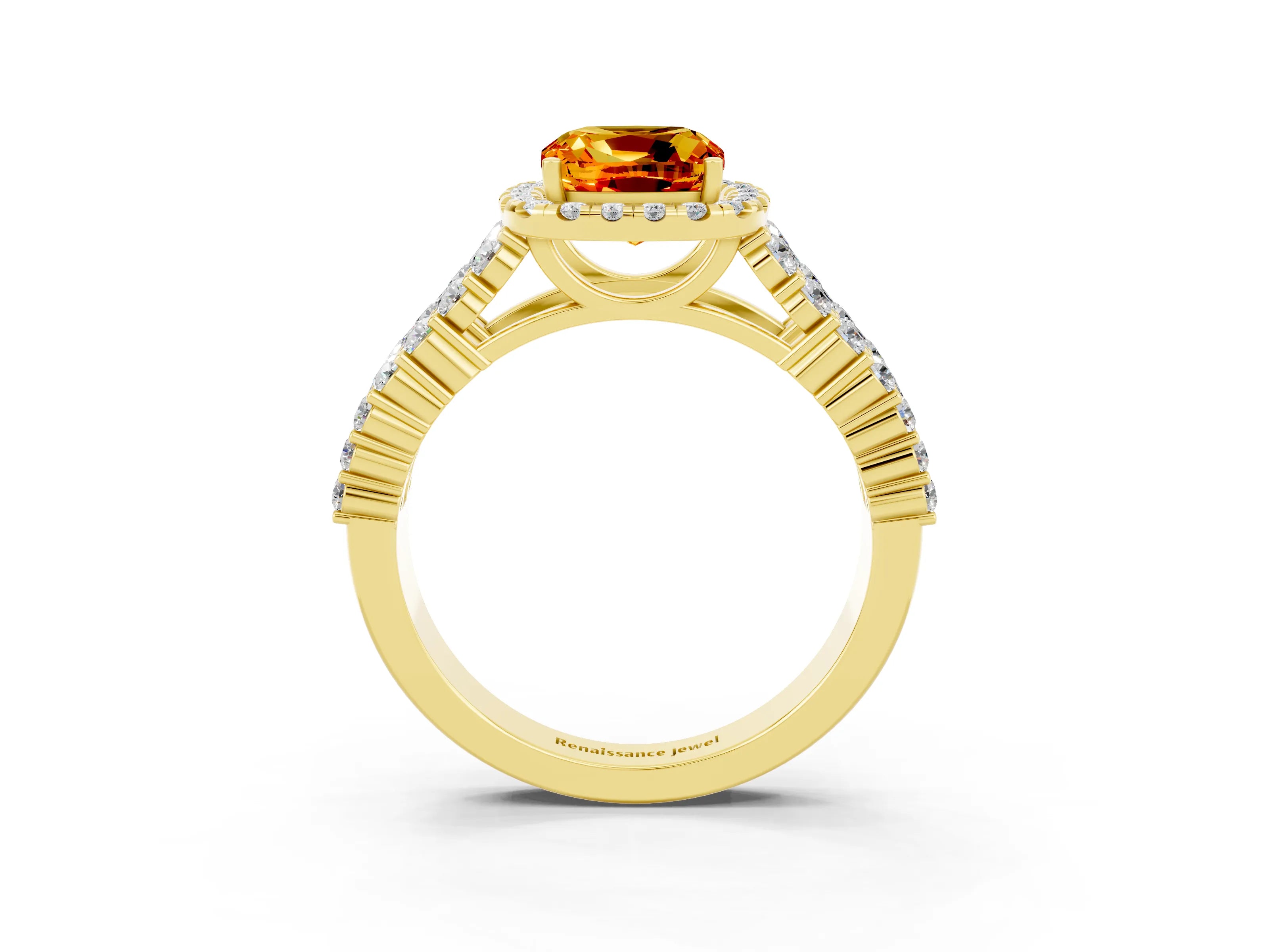 Yellow gold Cushion Cut Halo Pavé Diamond Engagement Ring with Split Shank and Four-Prong Setting_3