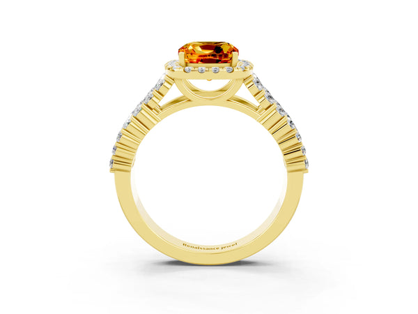Yellow gold Cushion Cut Citrine Halo Engagement Ring with Triple Row Round Pavé Band and Prong Setting