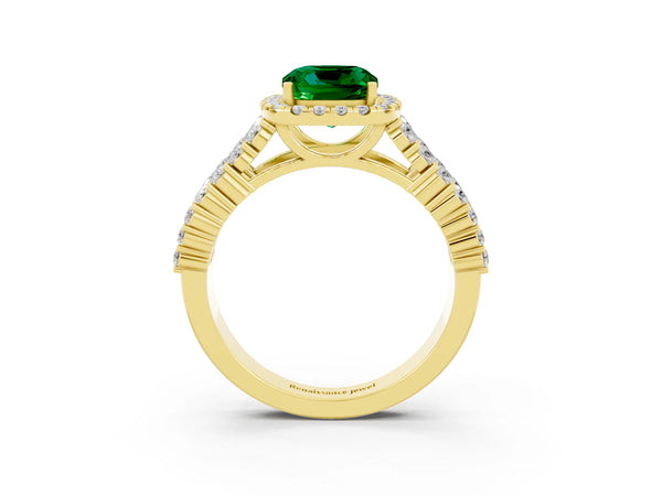 Yellow gold Cushion Cut Emerald Halo Engagement Ring with Triple Row Round Pavé Band and Prong Setting