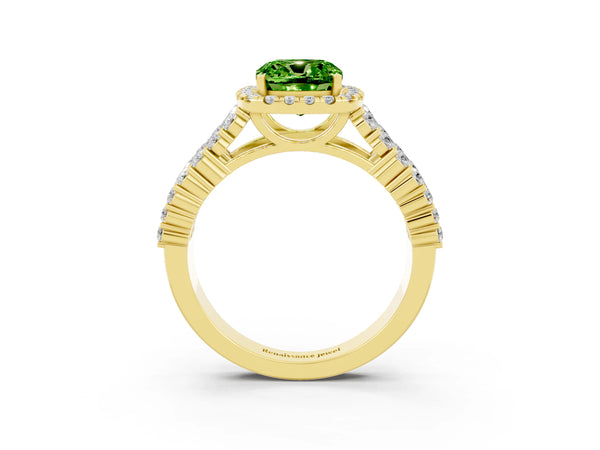 Yellow gold Cushion Cut Halo Pavé Diamond Engagement Ring with Split Shank and Four-Prong Setting
