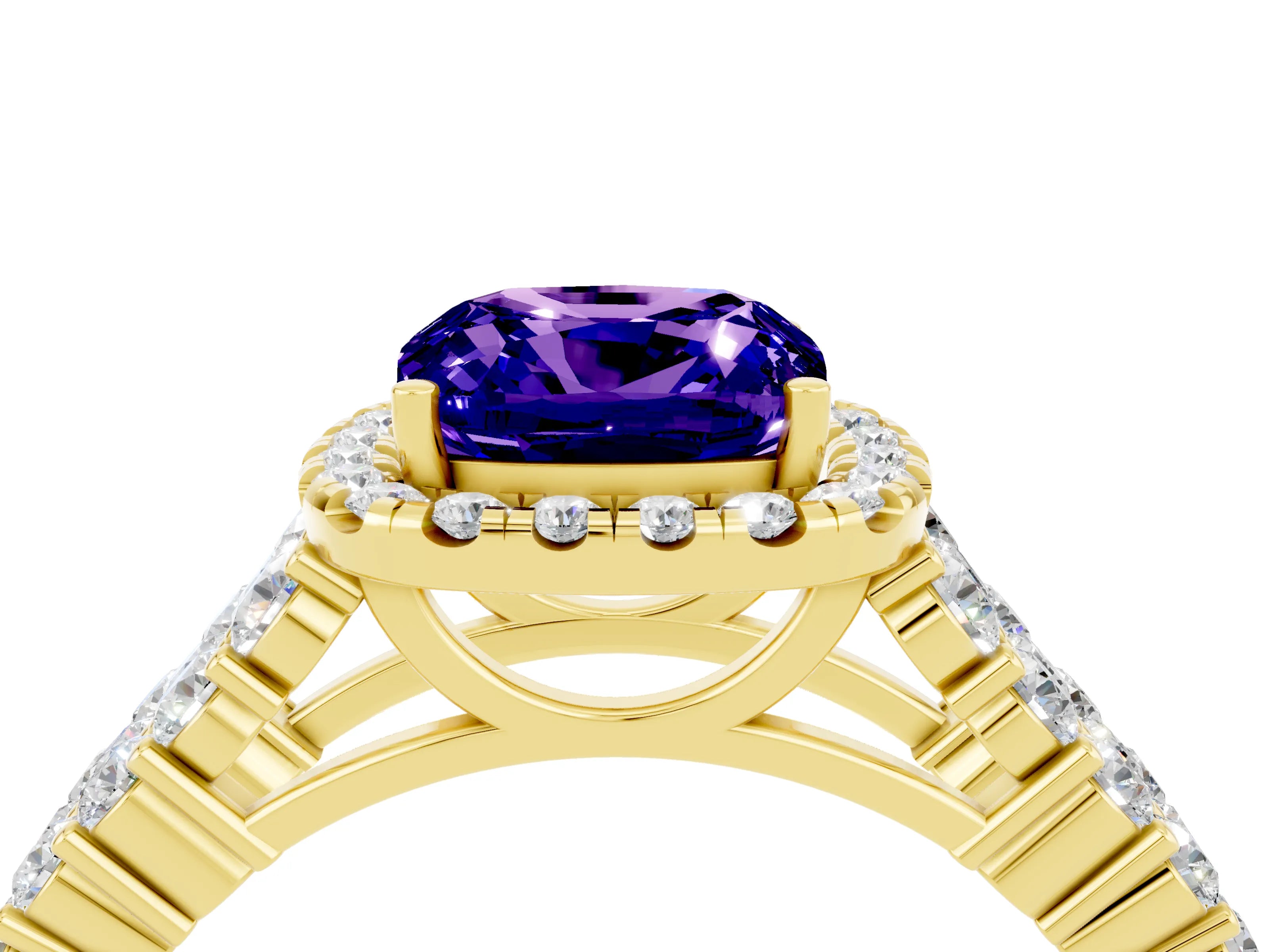 Yellow gold Cushion Cut Halo Pavé Diamond Engagement Ring with Split Shank and Four-Prong Setting_4
