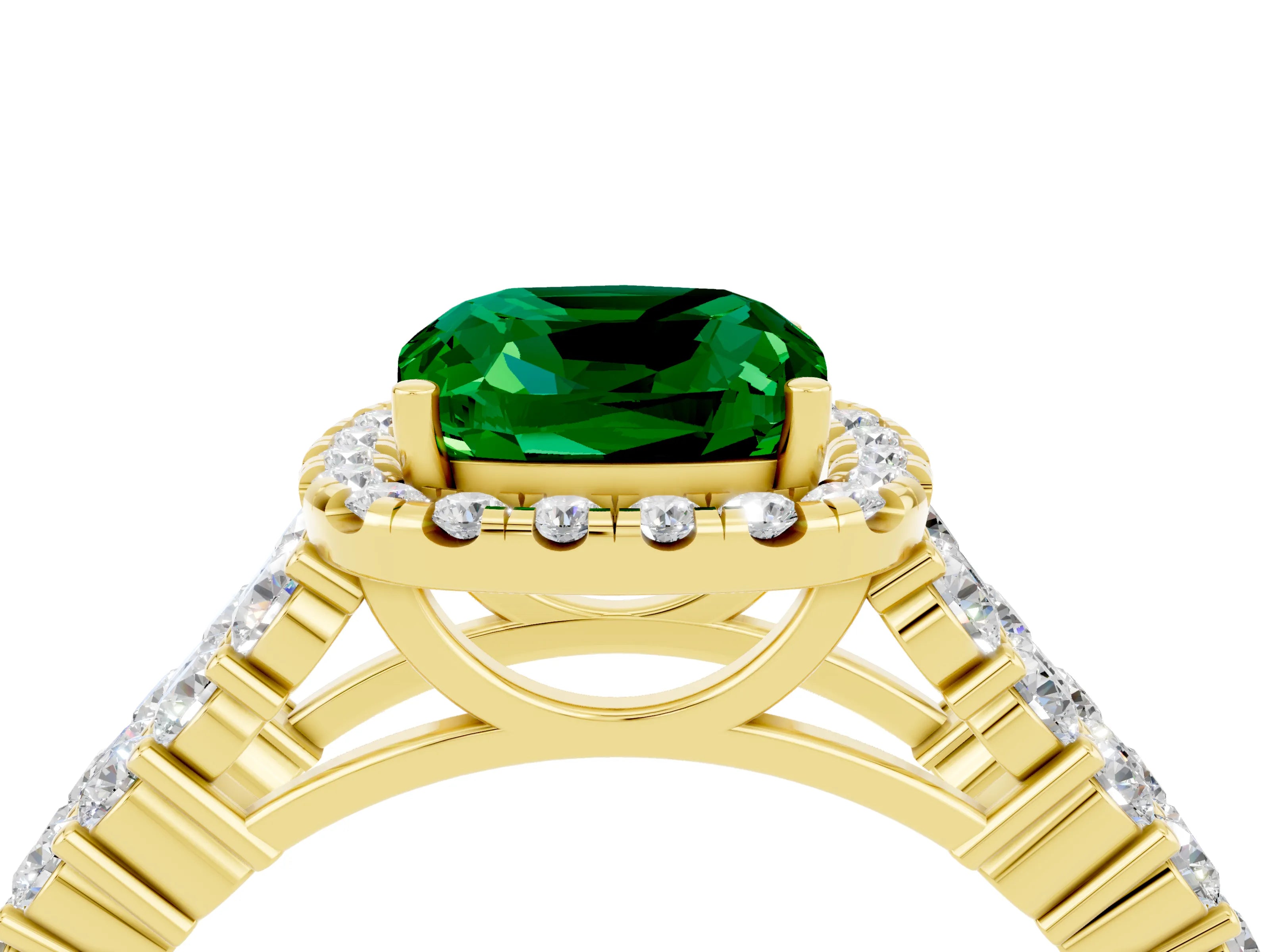 Yellow gold Cushion Cut Halo Pavé Diamond Engagement Ring with Split Shank and Four-Prong Setting_4