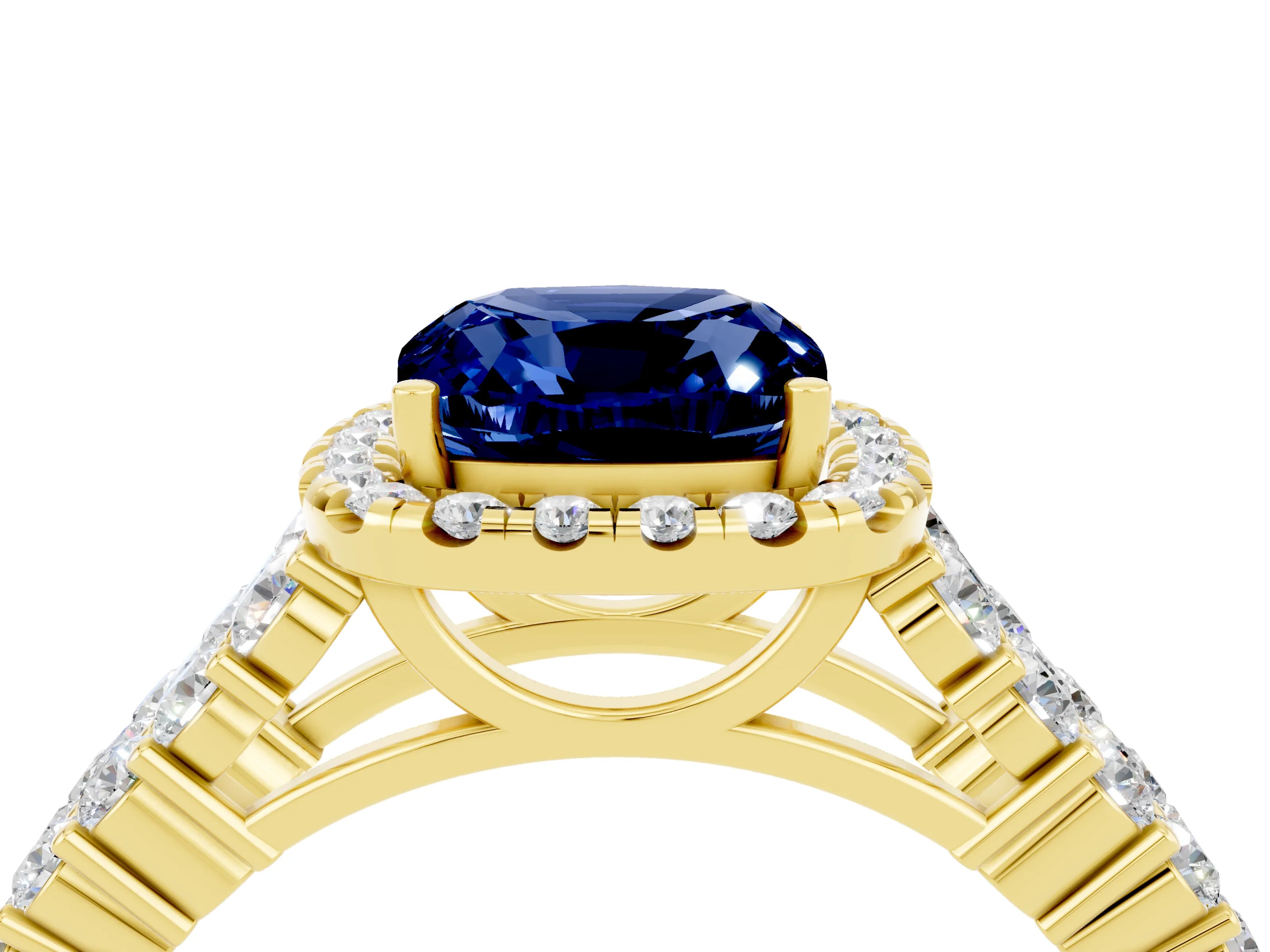 Yellow gold Cushion Cut Halo Pavé Diamond Engagement Ring with Split Shank and Four-Prong Setting_4