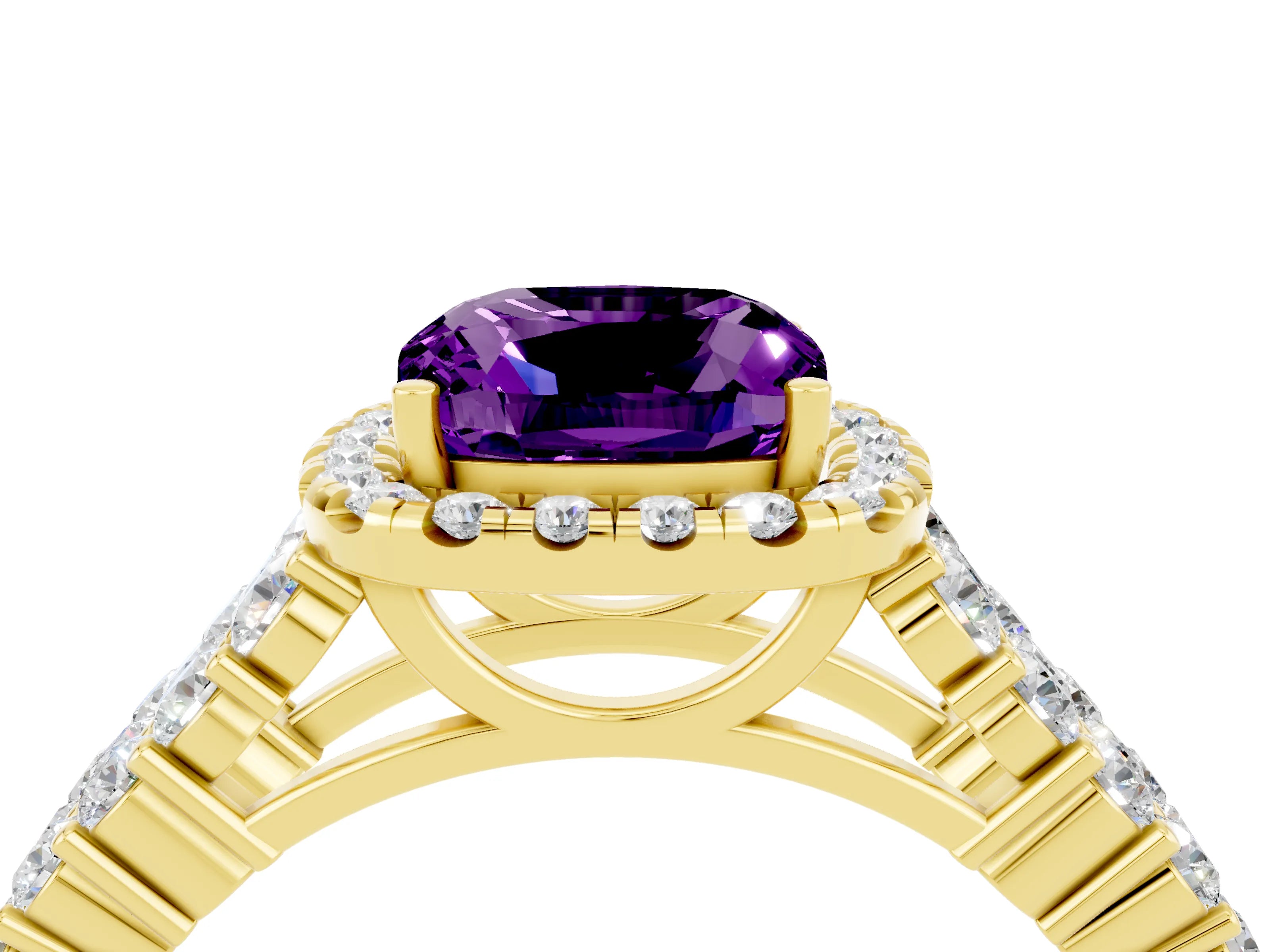 Yellow gold Cushion Cut Halo Pavé Diamond Engagement Ring with Split Shank and Four-Prong Setting_4