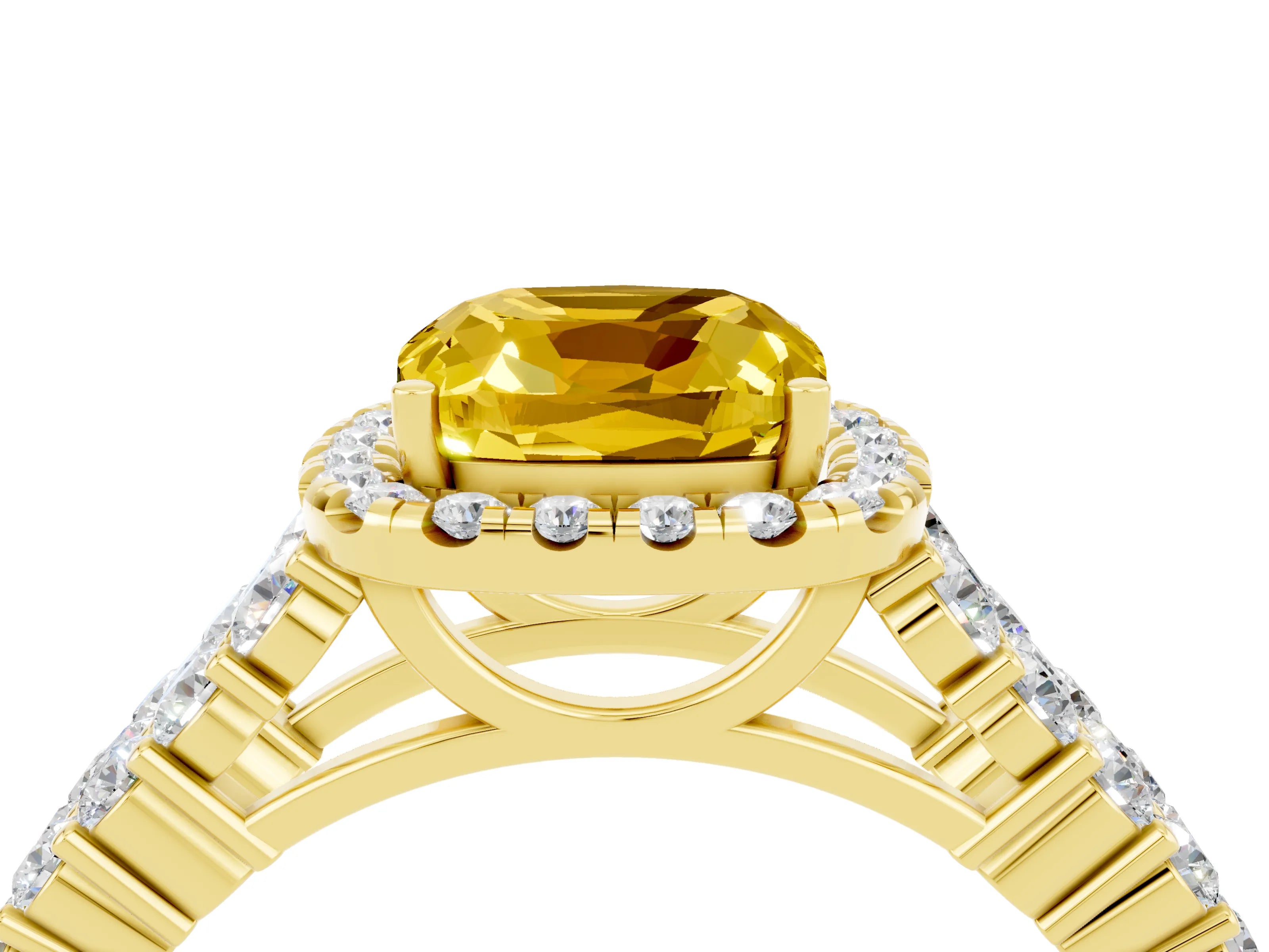 Yellow gold Cushion Cut Halo Pavé Diamond Engagement Ring with Split Shank and Four-Prong Setting_4