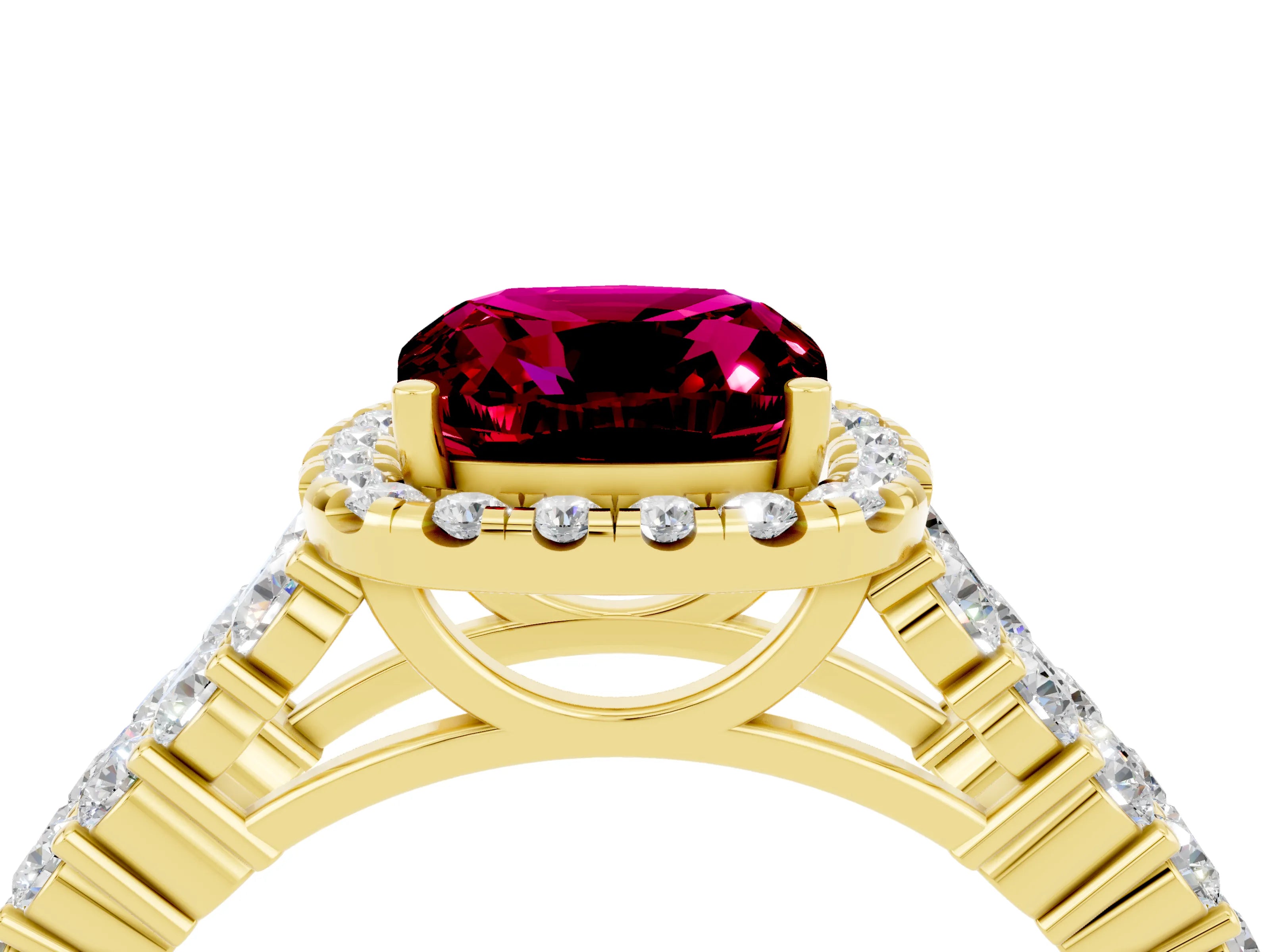 Yellow gold Cushion Cut Halo Pavé Diamond Engagement Ring with Split Shank and Four-Prong Setting_4